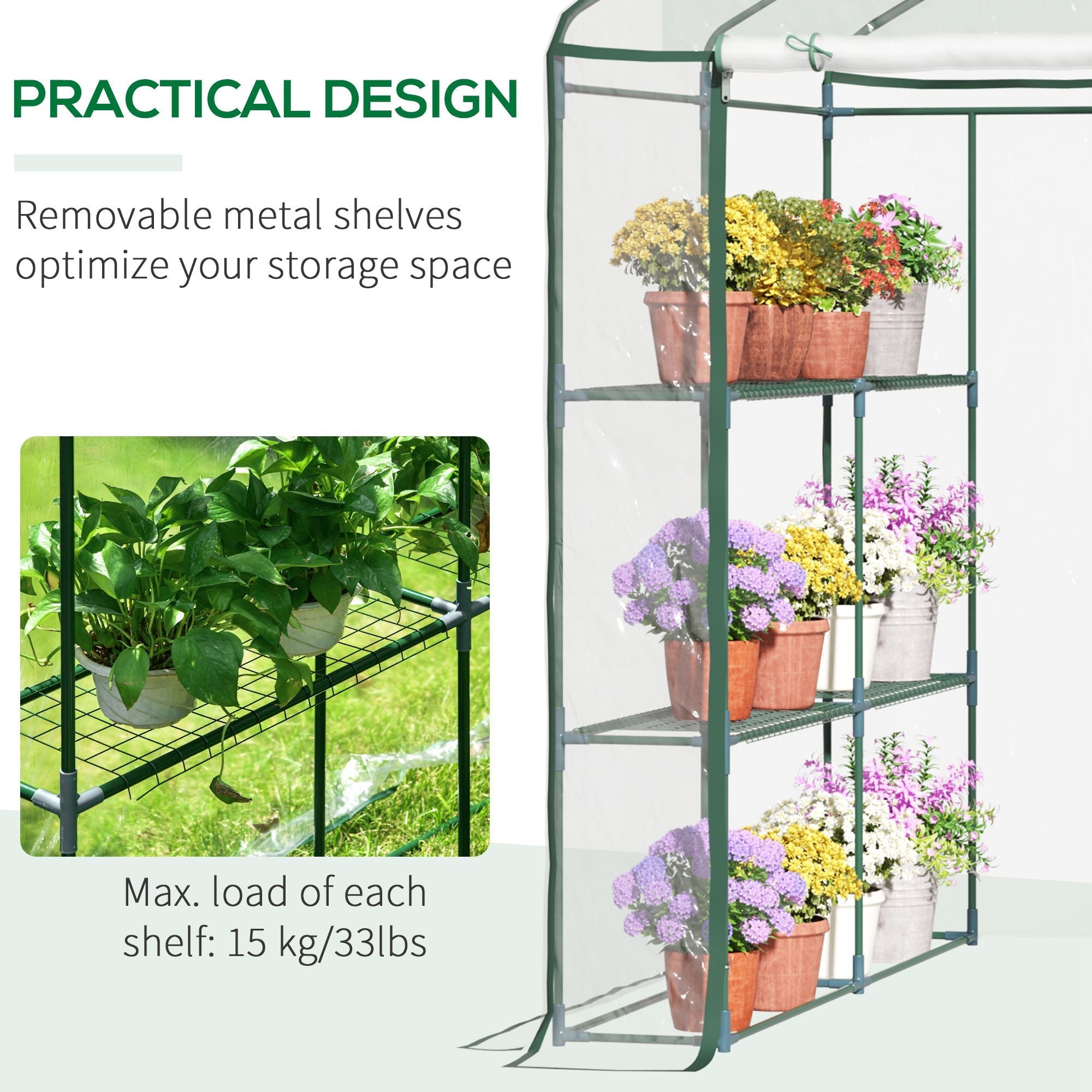Outsunny 4.7'x4.7'x6.4' Walk-in Greenhouse Kit for Plants Portable Garden Green House Grow Tent Shelving Transparent PVC Cover 