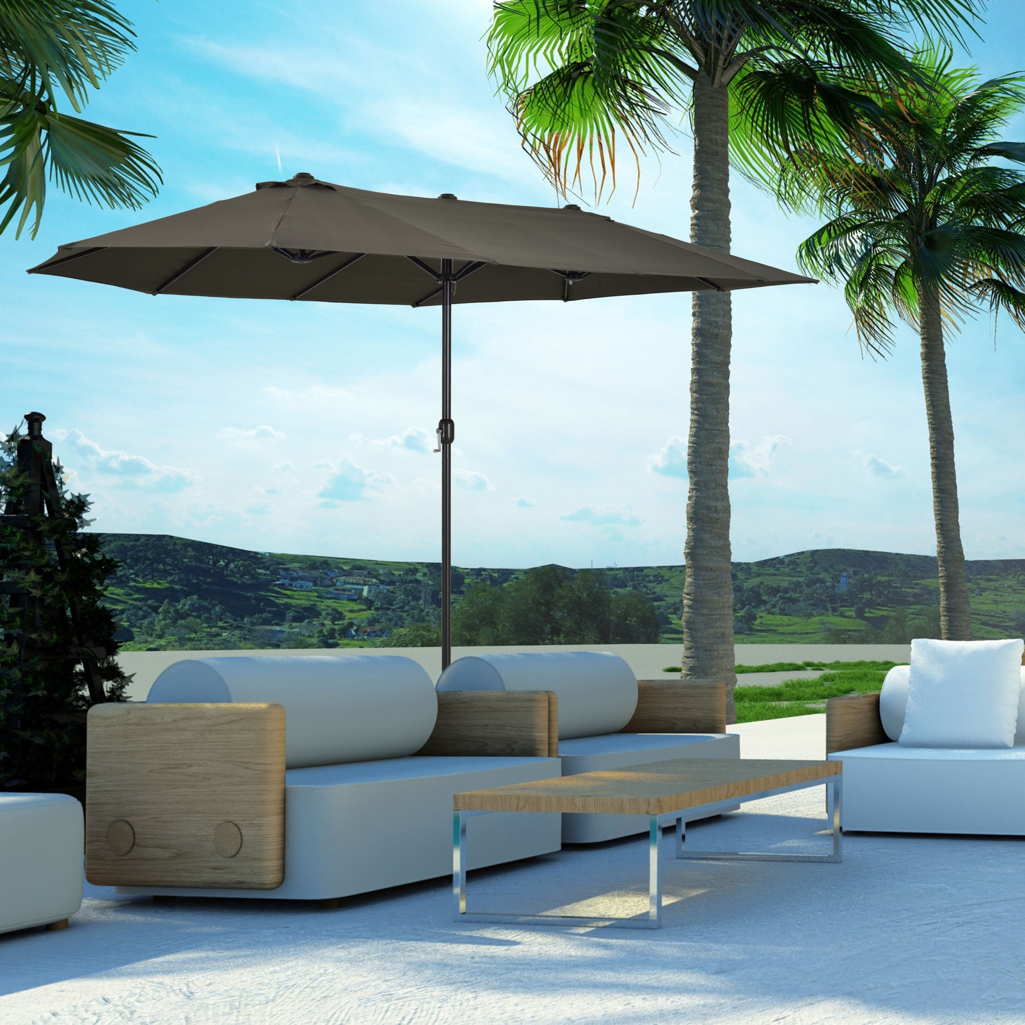 Outsunny 15' Outdoor Patio Umbrella with Twin Canopy Sunshade Steel Table Umbrella with Lift Crank Grey 