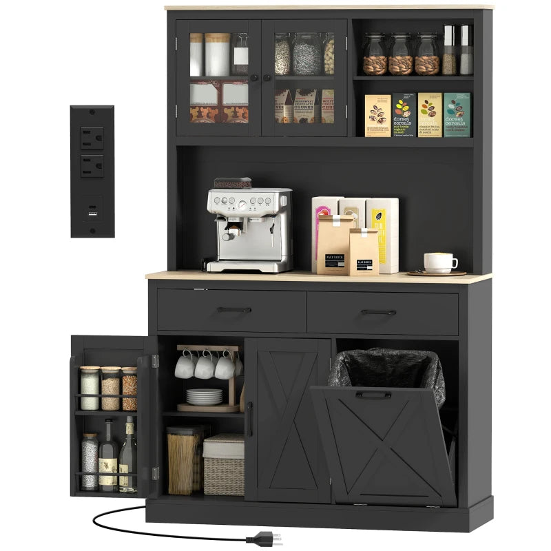 69" Kitchen Pantry Cabinet with Charging Station Kitchen Cabinet with Microwave Stand 7 Gallon Trash Can Cabinet Black