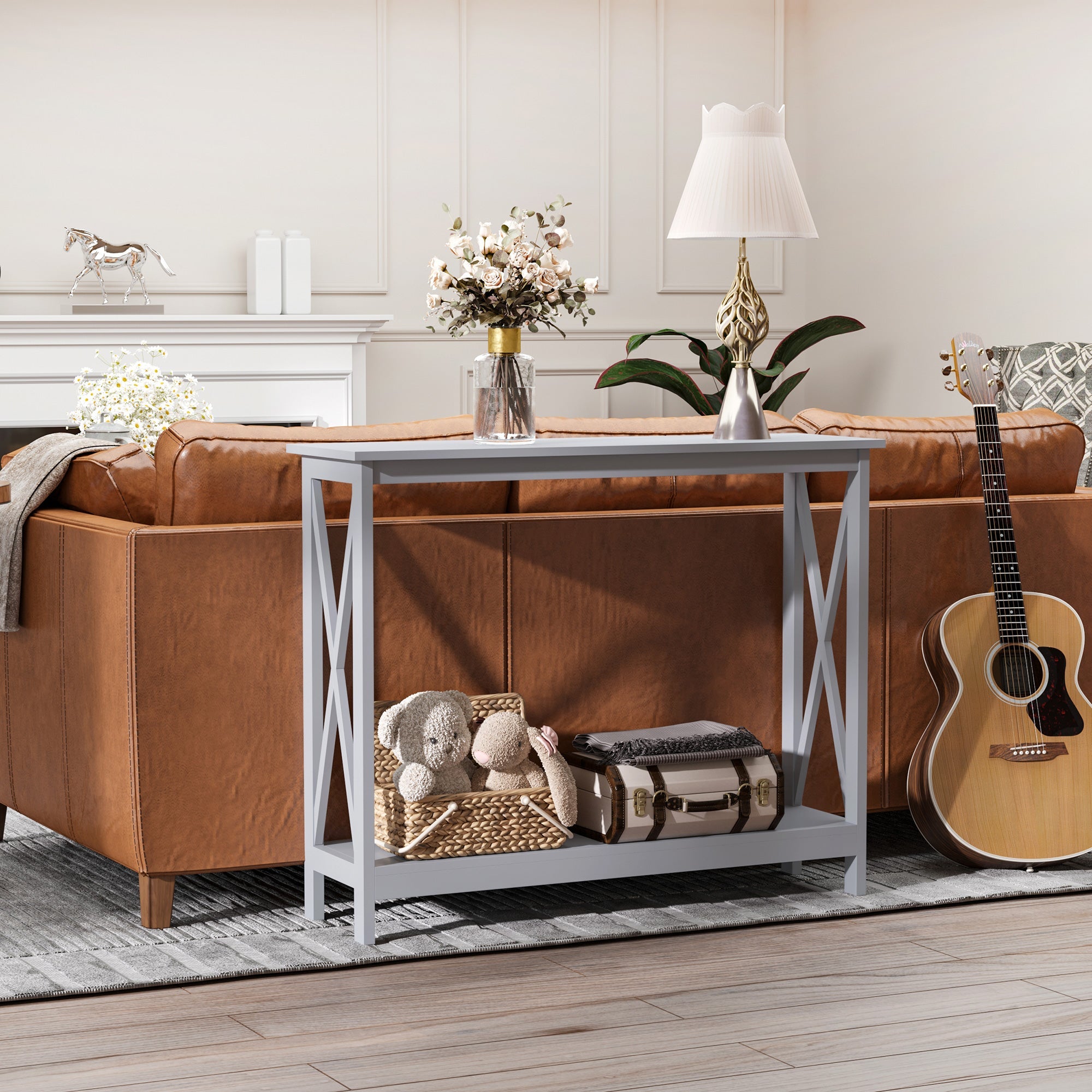 HOMCOM X-Design Console Table: Sofa Side Table with Storage Shelf for Living Room/Entryway, Grey 