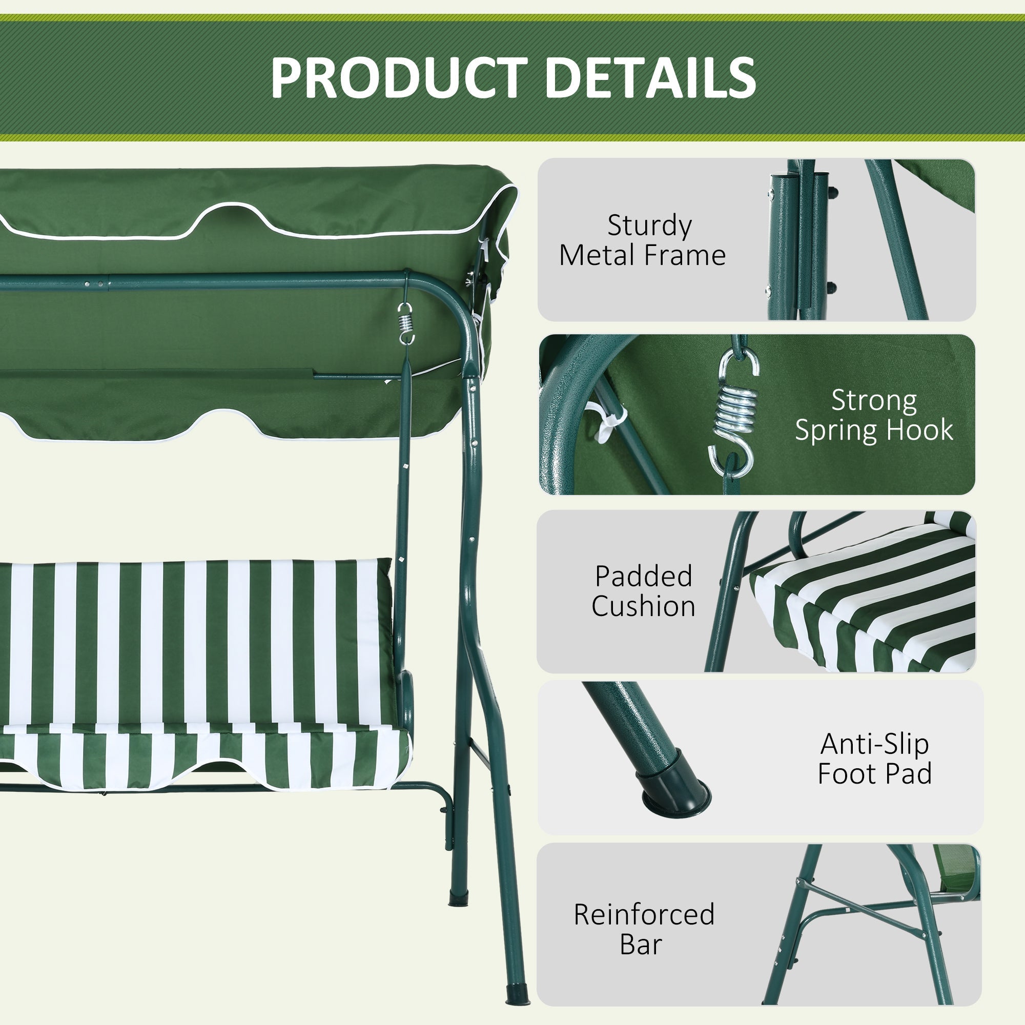 Outsunny Patio Swing Chair: 3-Seater Outdoor Porch Swing with Adjustable Canopy Cushion Green 