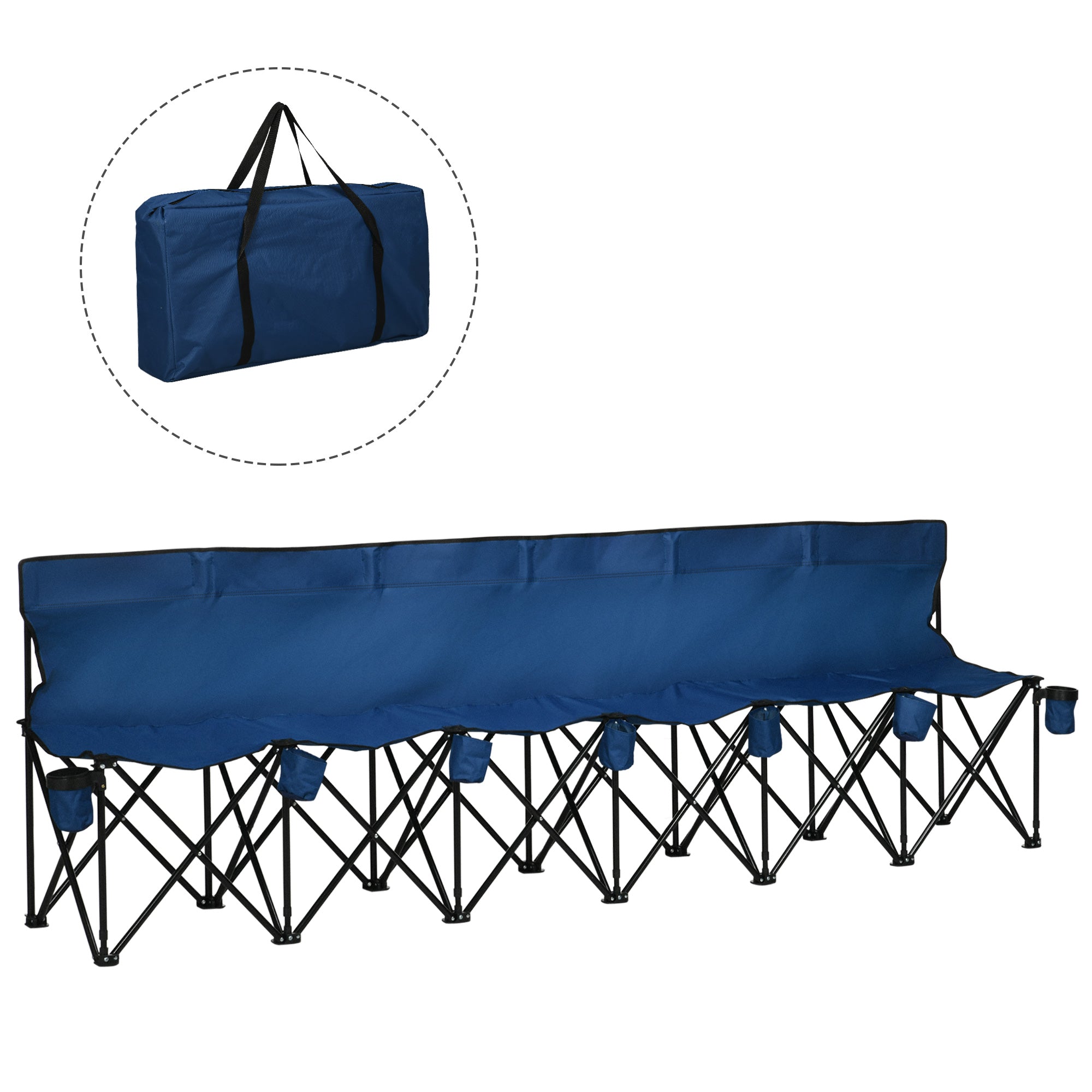 Outsunny 6 Seat Blue Sports Bench Portable Team Bench with Cup Holder and Carry Bag for Camping 