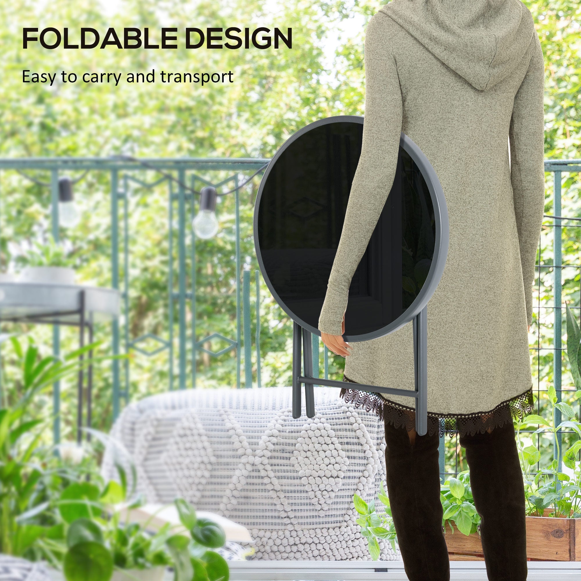 Outsunny 18" Outdoor Round Folding Table, Garden Side Table with Tempered Glass Top for Camping, Party, Weddings, Dark Grey 