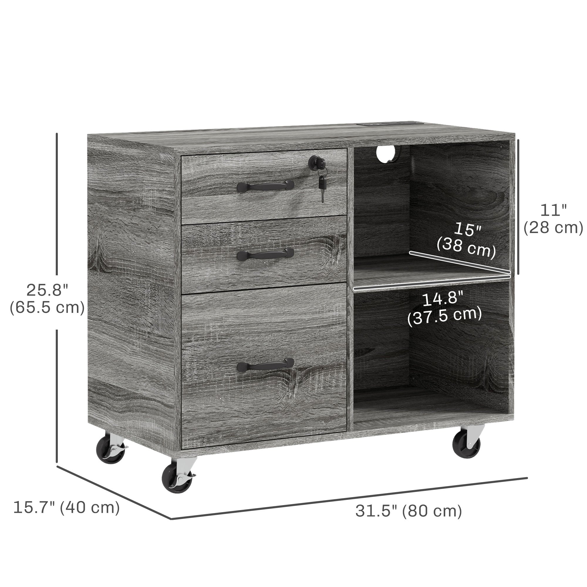 HOMCOM Mobile Printer Stand: USB Charging, Locking Cabinet for A4/Letter Size, Grey 