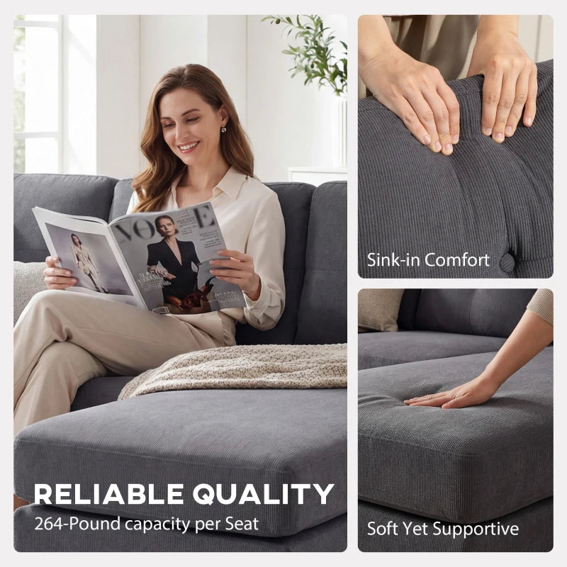 Sectional Sofa with Changeable Chaise Lounge, 3 Seat L-Shaped Small Space Sofa, Upholstered Couch for Small Space, Dark Grey