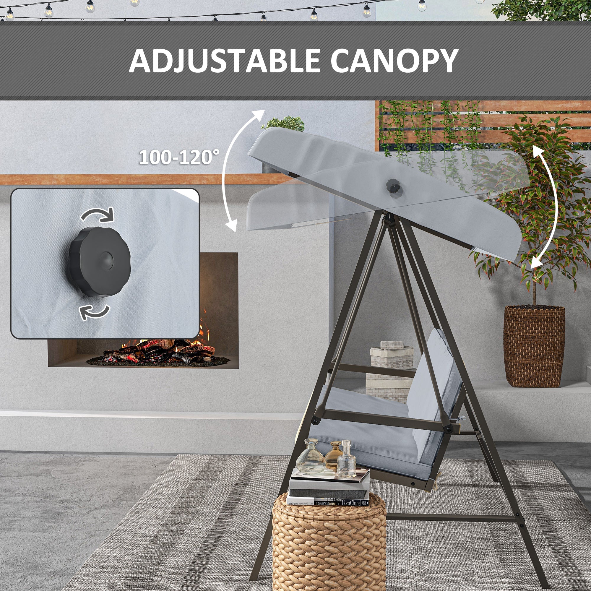 Outsunny 3 Seater Patio Swing Chair, Porch Swing with Adjustable Canopy and Removable Cushions, Outdoor Swing Seat, Light Grey 