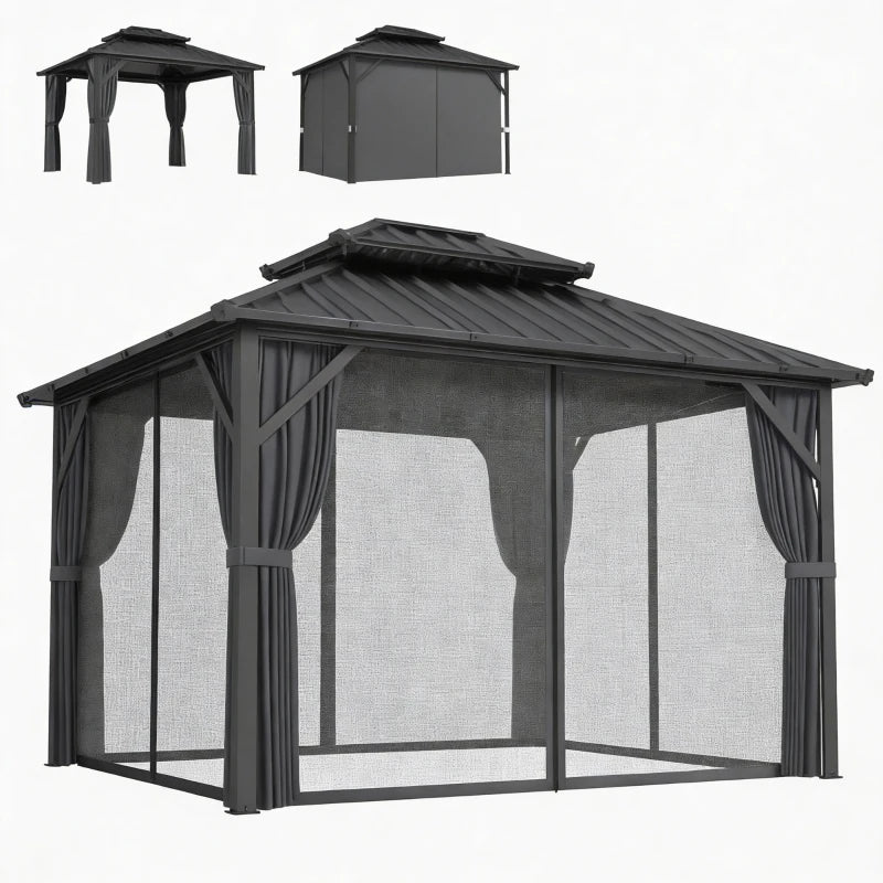 10' x 12' Hardtop Patio Gazebo with Double Galvanized Steel Roof and Aluminum Frame, Outdoor Permanent Gazebo, Dark Grey