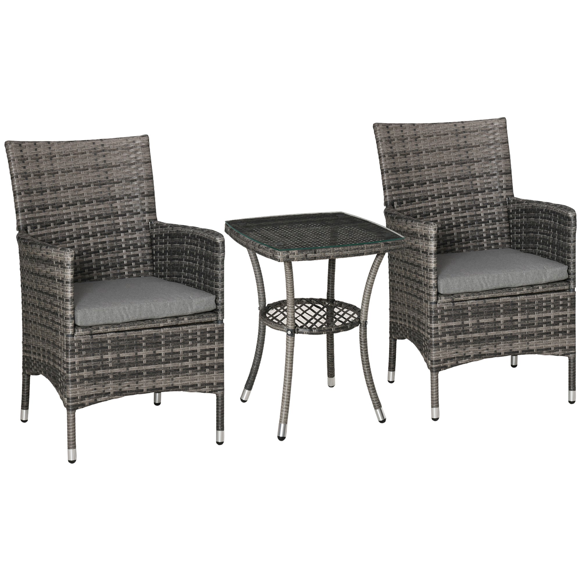 Outsunny Rattan Bistro Set 3PC Grey Armchair Glass Top Coffee Table Outdoor Patio Furniture Wicker Weave Garden Balcony 