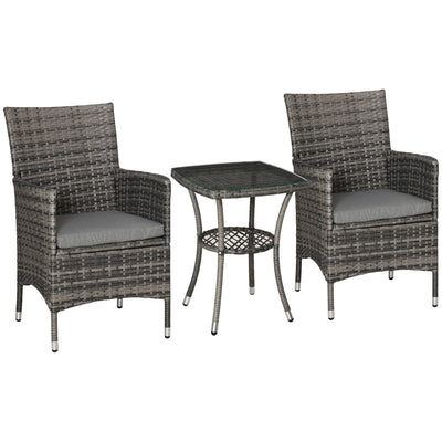 Outsunny Rattan Bistro Set 3PC Grey Armchair Glass Top Coffee Table Outdoor Patio Furniture Wicker Weave Garden Balcony 