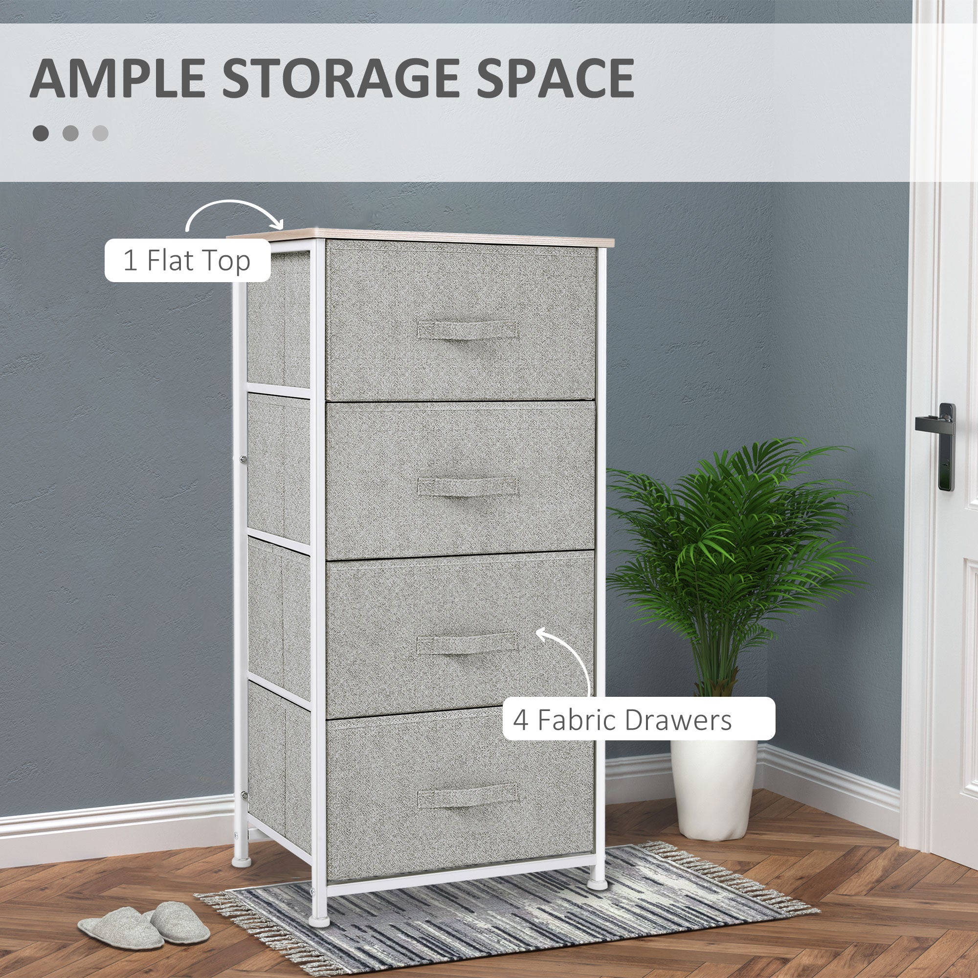 HOMCOM Linen Fabric Storage Solution: Drawer Cabinet Organizer with 4 Removable Drawers and Metal Frame for Living Room, Kitchen, Grey 
