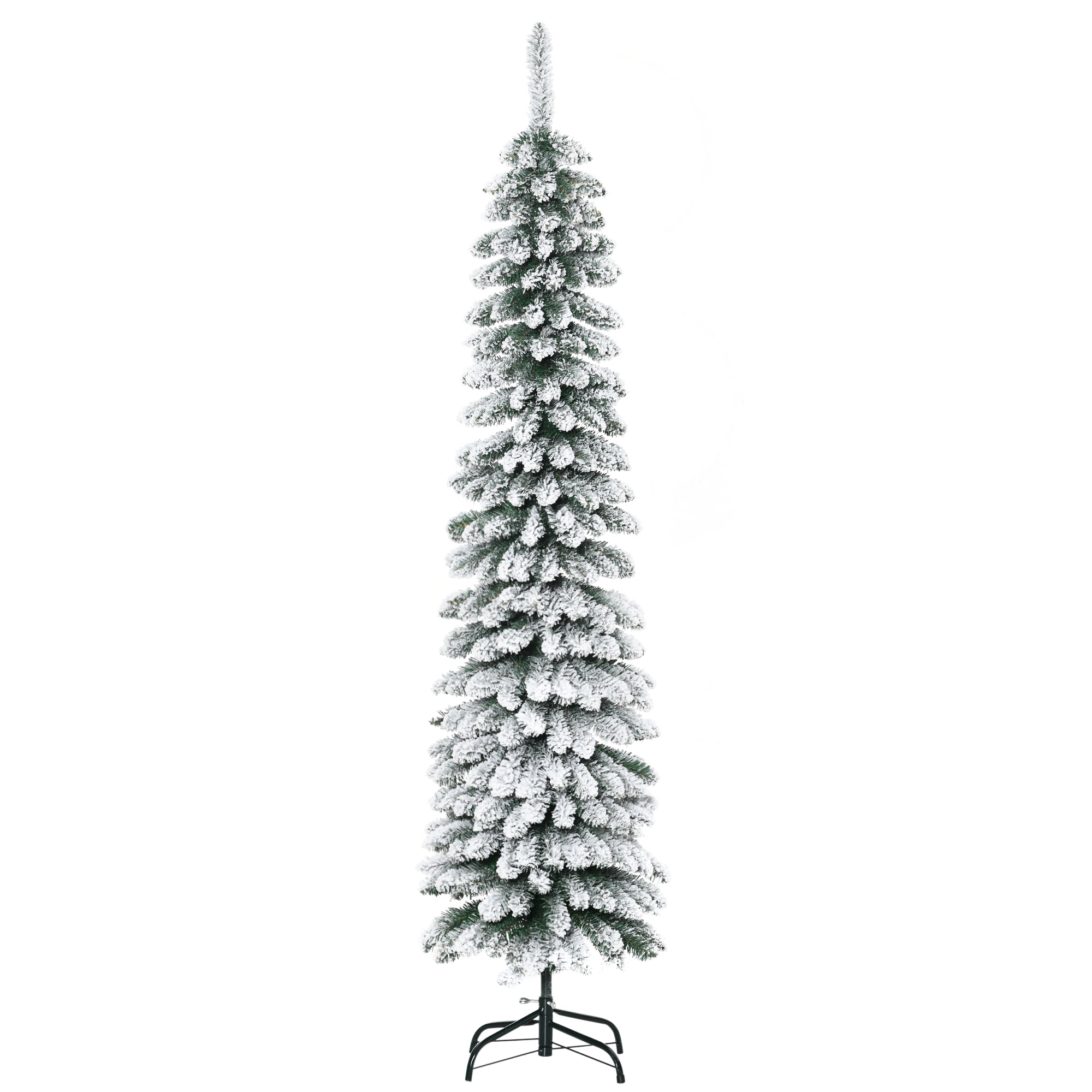 HOMCOM 6 Ft Snow-Flocked Artificial Christmas Tree, Slim Pencil Xmas Tree with Realistic Branches, Metal Base, Green 