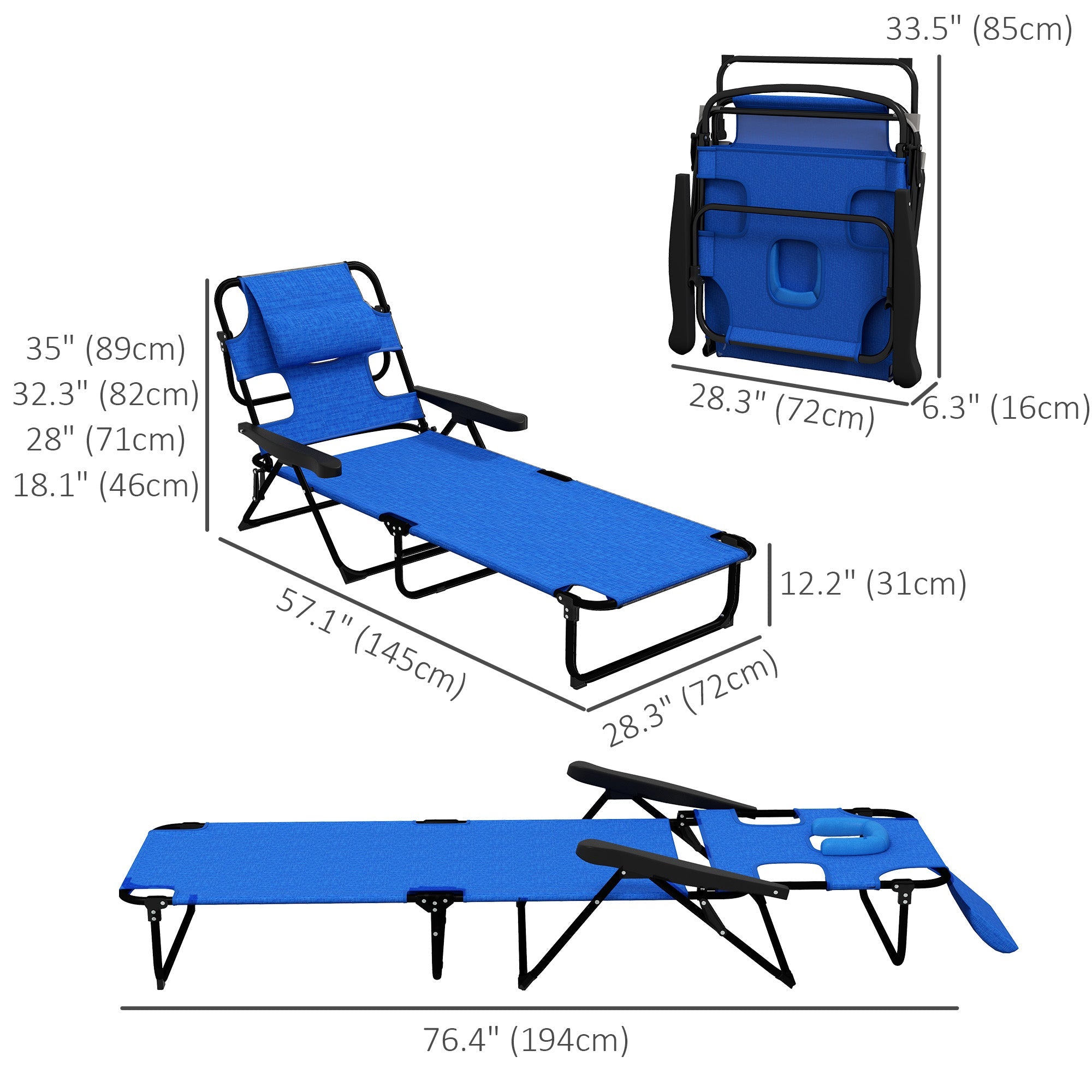 Outsunny Dark Blue Folding Lounge Chair with Reclining Back Portable Outdoor Use 