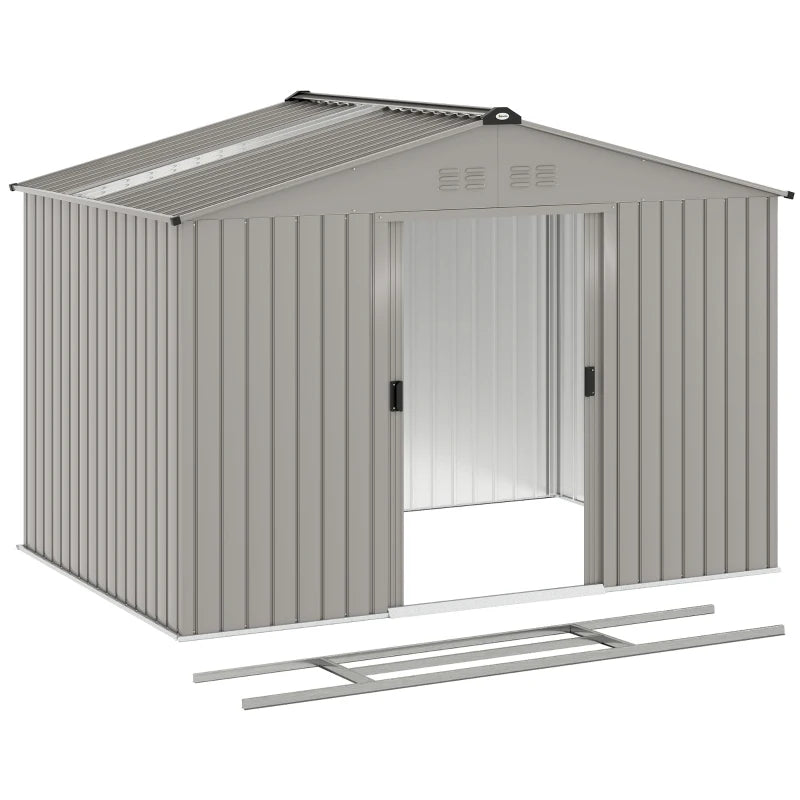9.1' x 6.4' x 6.3' Garden Storage Shed w/ Foundation Kit Metal Tool Storage House w/ Double Doors Grey