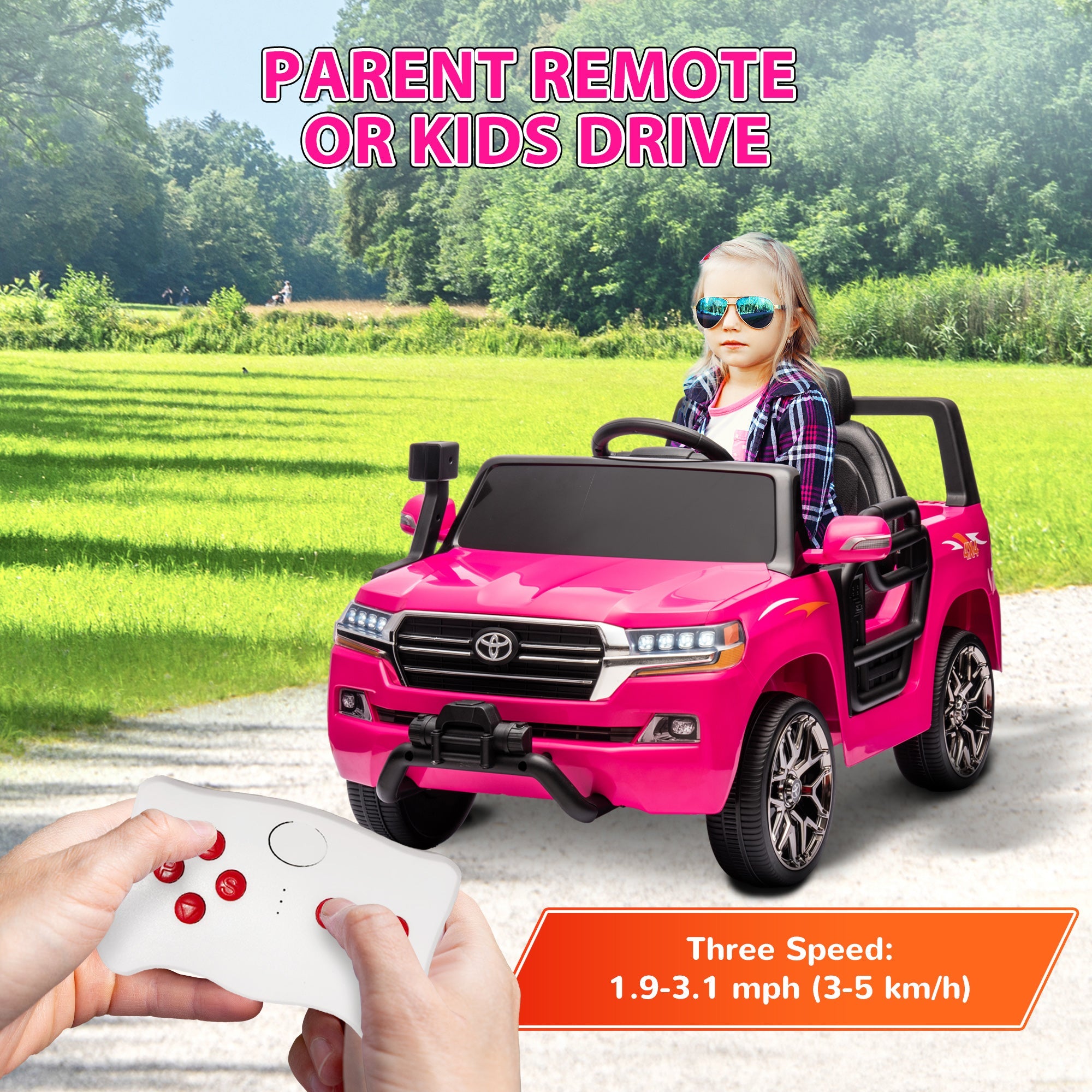Qaba 12V Toyota LAND CRUISER Licensed Kids Car w/ Remote Control, Four Wheel Spring Suspension, Soft Start, LED Light, Pink 