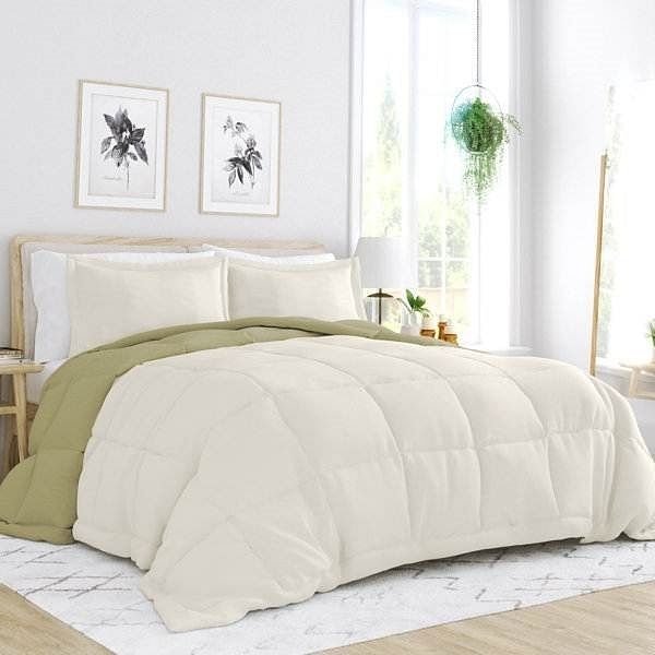 Twin/Twin XL 2-Piece Microfiber Reversible Comforter Set in Sage Green/Cream - Free Shipping