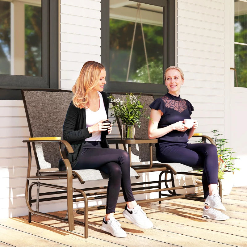 Outdoor 2-Person Glider Bench, Outside Swing Glider Chair Loveseat with Breathable Mesh, Table, Steel Frame