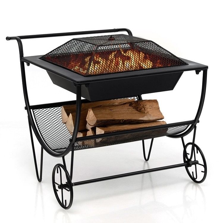 Portable Outdoor Wheeled Log Storage Rack and Wood Burning Fire Pit - Free Shipping