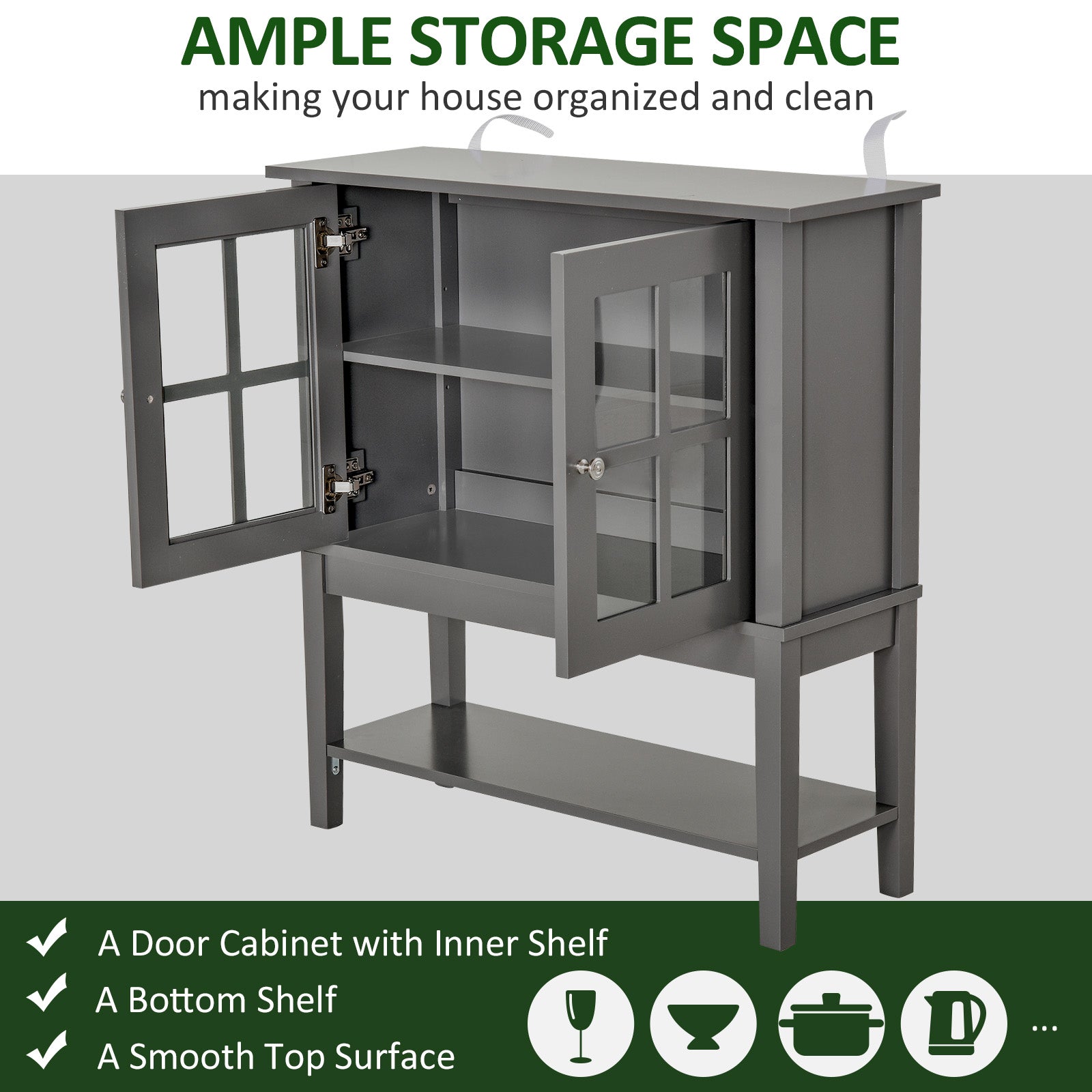 HOMCOM Contemporary Buffet Console: Modern Sideboard Bar Cabinet with Glass Doors, Kitchen Dining Room Furniture, Dark Grey 