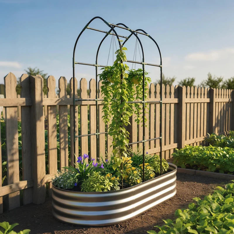 Galvanised Raised Garden Bed with Arched Trellis, 5 x 3 x 6ft Metal Outdoor Planter Box with Open Bottom, Silver