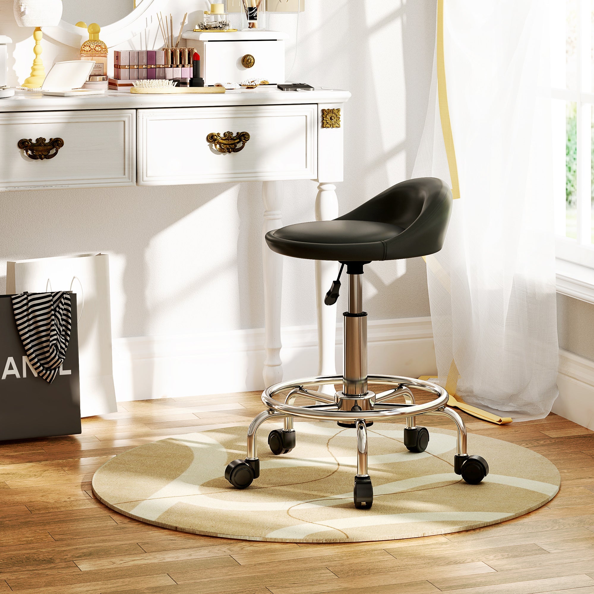 HOMCOM PU Leather Rolling Stool, Height Adjustable Swivel Salon Chair with Backrest and Foot Rest for Spa, Tattoo, Black 