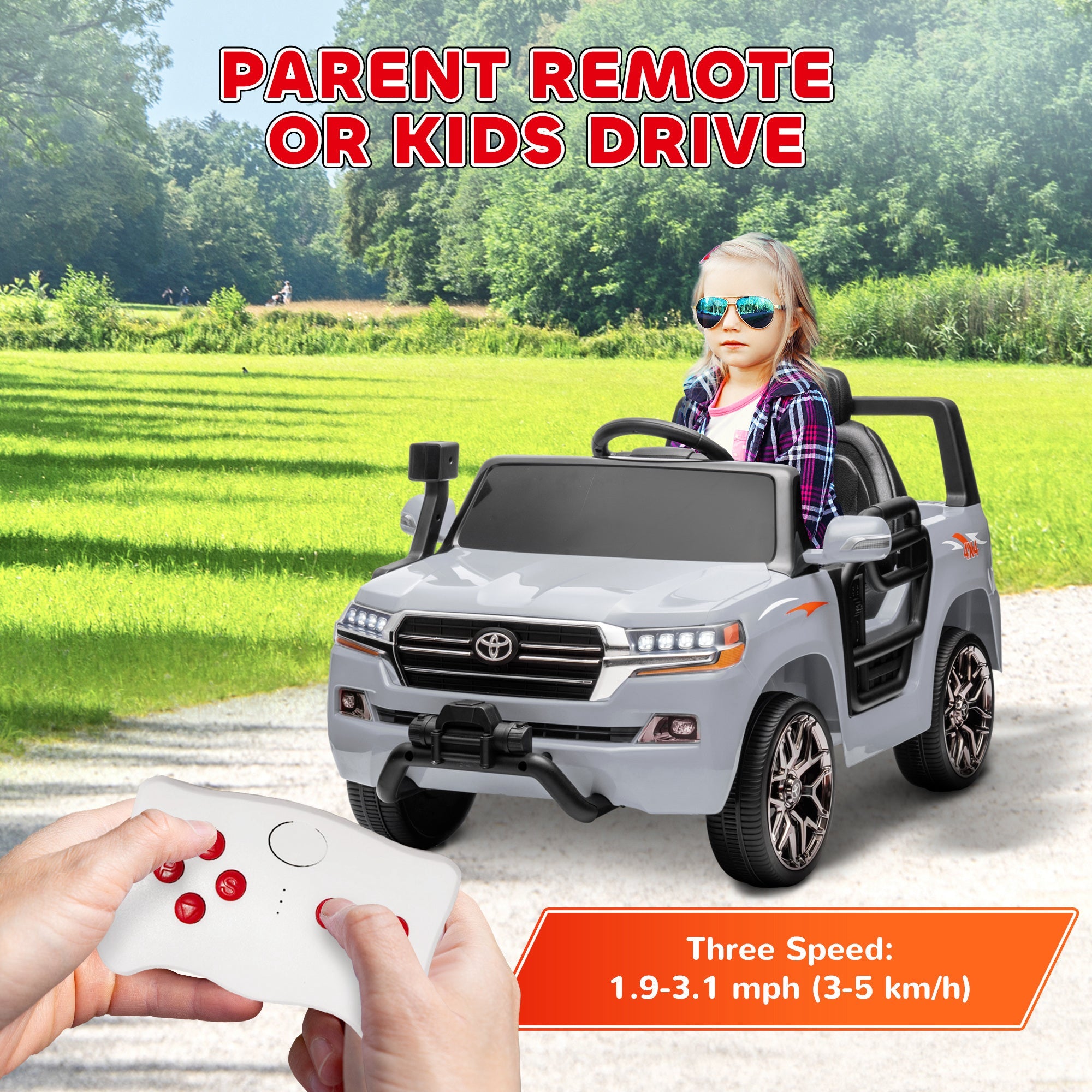 Qaba 12V Toyota LAND CRUISER Licensed Kids Car w/ Remote Control, Four Wheel Spring Suspension, Soft Start, LED Light, Grey 