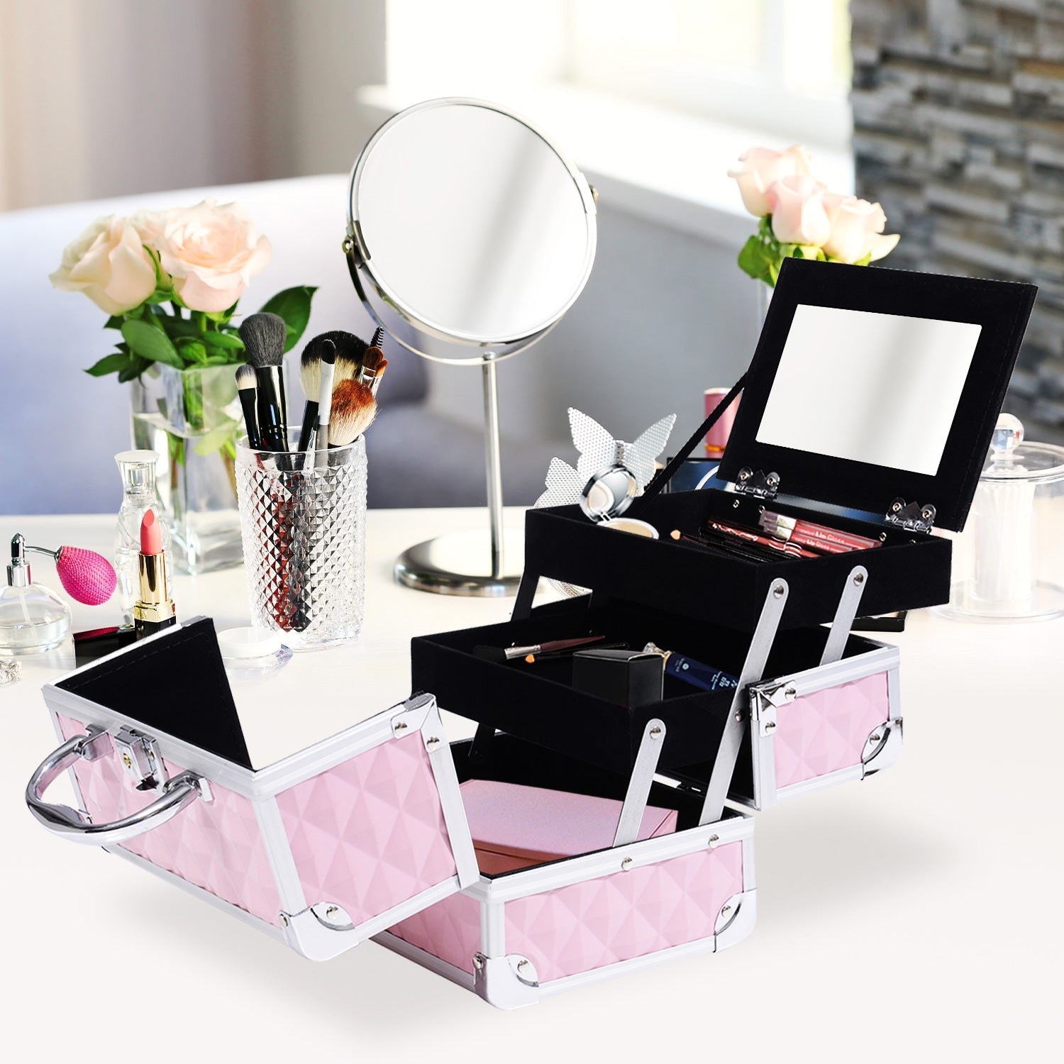 HOMCOM Cosmetic Train Case 3 Tier Diamond Texture Organizer with Mirror Portable Pink  8"x6"x6" 