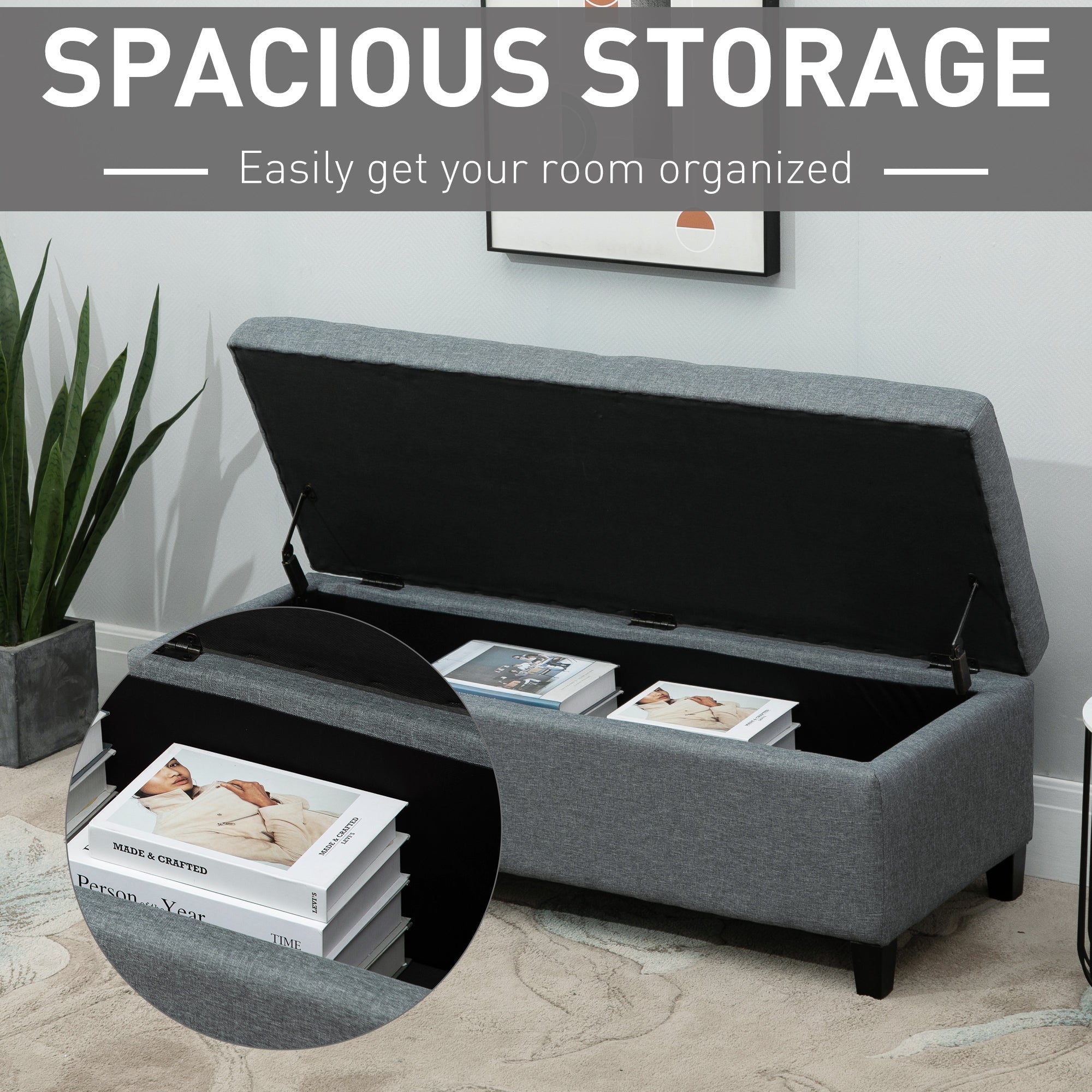 HOMCOM 50" Large Rectangular Ottoman Bench Tufted Linen Fabric Wood Feet Grey Contemporary Living Room Decor 