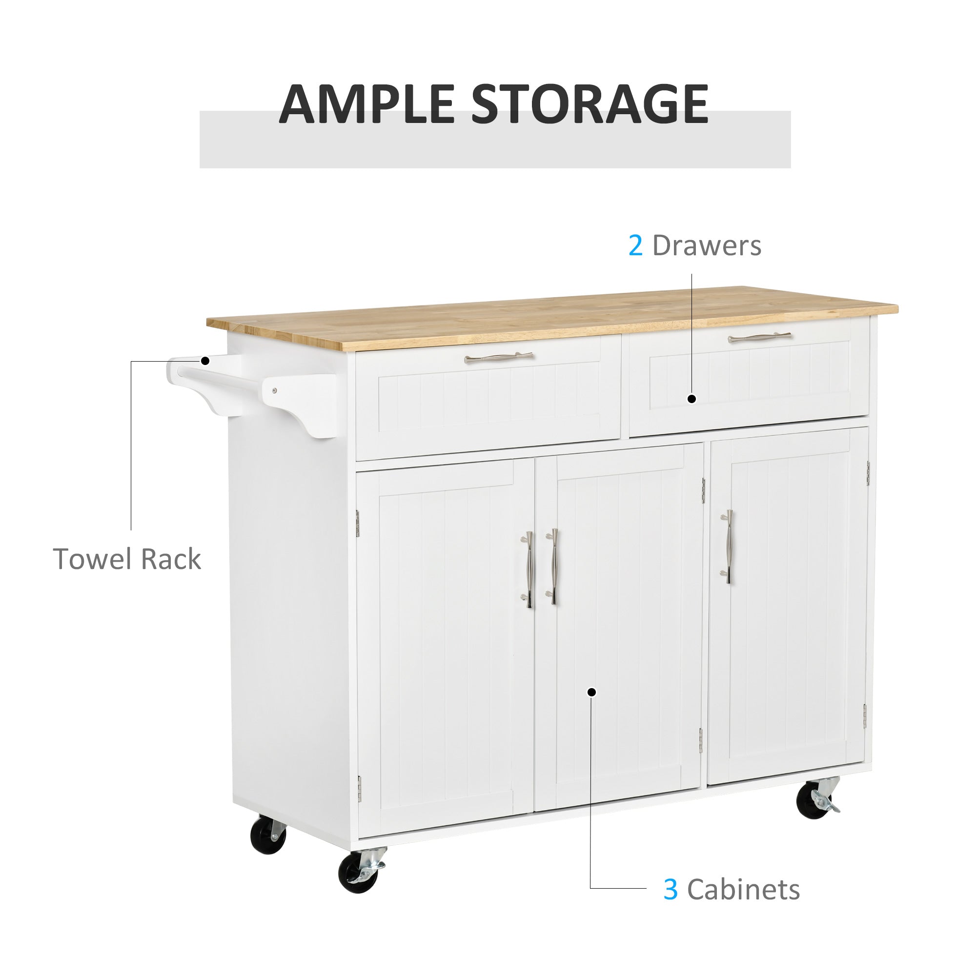 HOMCOM Kitchen Serving Cart: Island, Utility Storage, Drawers, Cabinets, Dining Room, White 
