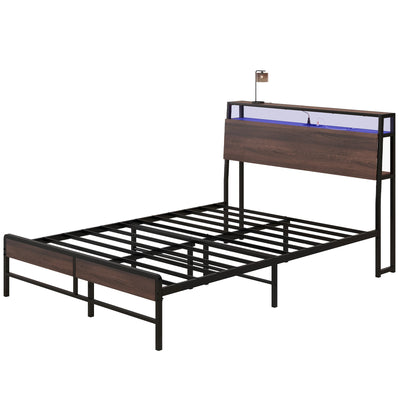 HOMCOM Full Size Bed Frame with LED Lights and Charging Station, Full Bed Frame with Storage Headboard, Noise-Free, Walnut 