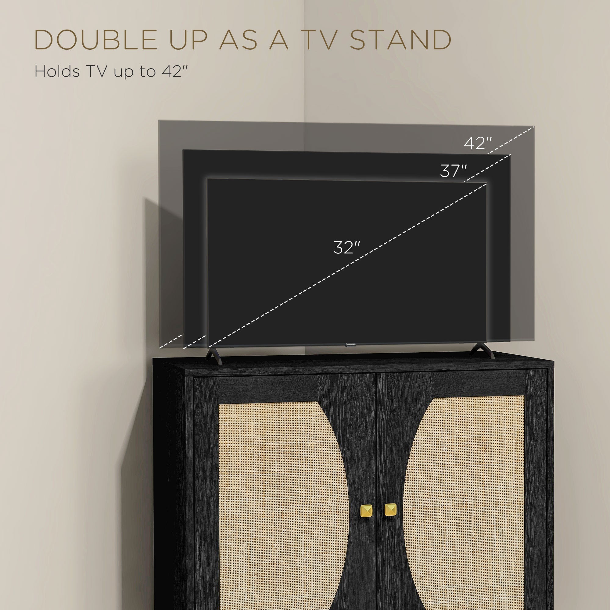 HOMCOM Boho Black TV Stand Cabinet: Buffet with Rattan Doors, Adjustable Shelf & Space for TVs up to 42 Inches 