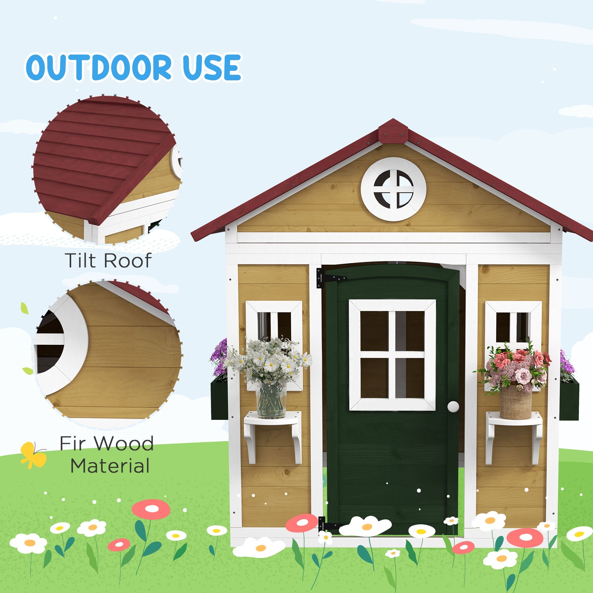 Outsunny Wooden Playhouse for Kids Outdoor with Door, Windows, Planter Pots and Boxes for Toddlers 3-8 Years, Beige 