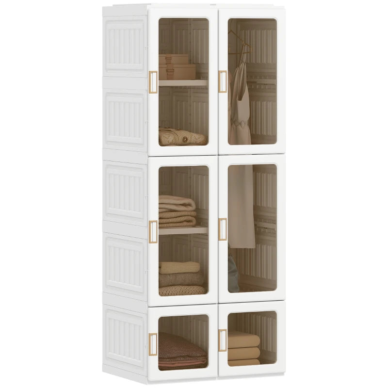 Portable Wardrobe, Foldable Plastic Closet with 6 Compartments, Hanging Rod and Magnetic Doors, White