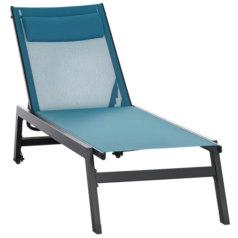 Outdoor Lounge Chair, 5-Position Tanning Chair with Wheels, Headrest, Aluminum Frame for Poolside, Beach, Blue