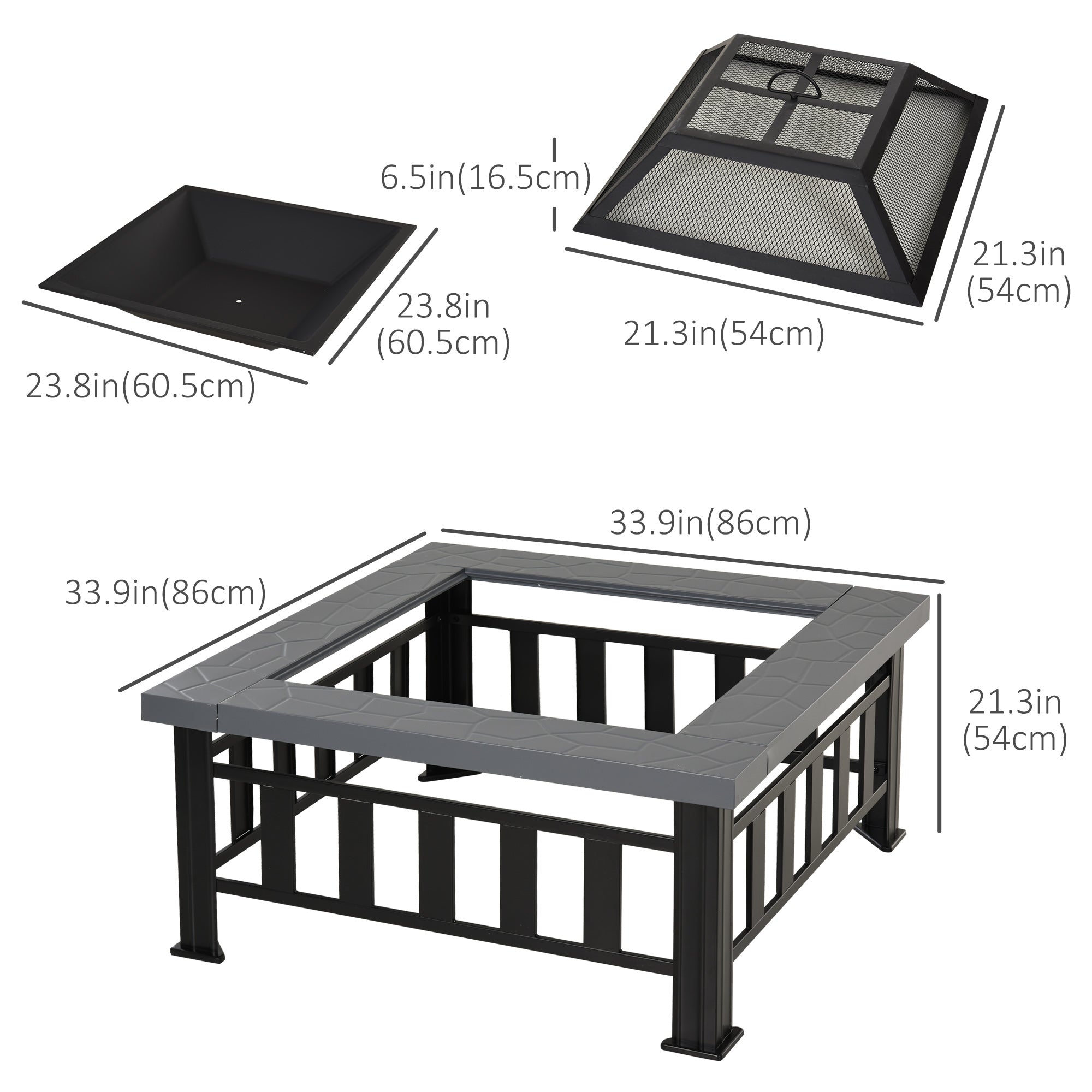 Outsunny Outdoor Square Fire Pit 33.75" Steel Stove with Spark Screen, Log Grate, Poker, Rain Cover for Wood Burning in Backyard 