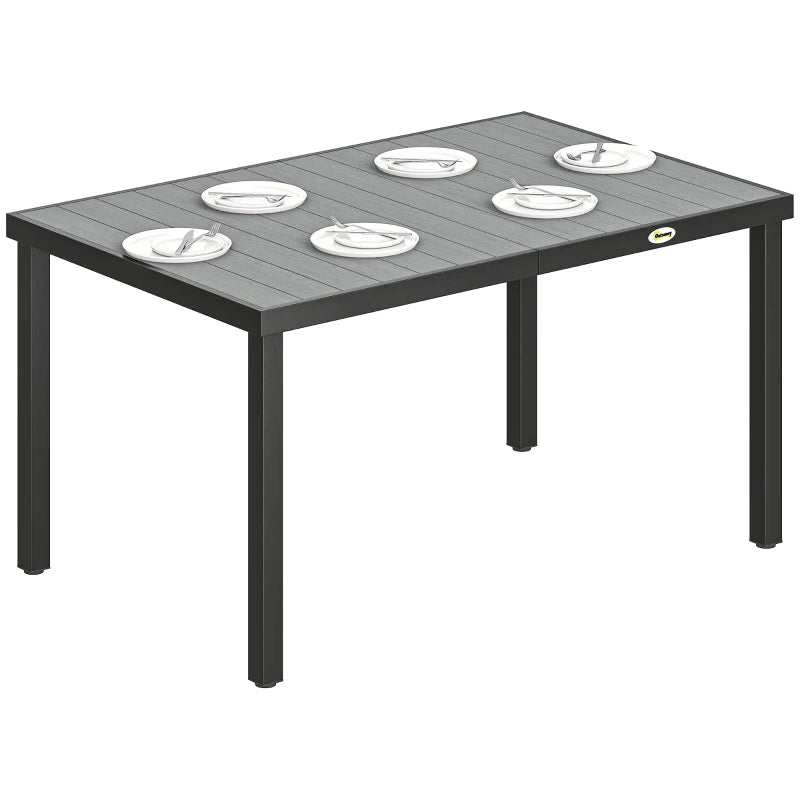 Rectangular Patio Table for 6, Outdoor Dining Table with Wood-Plastic Composite Top and Steel Frame for Garden, Grey