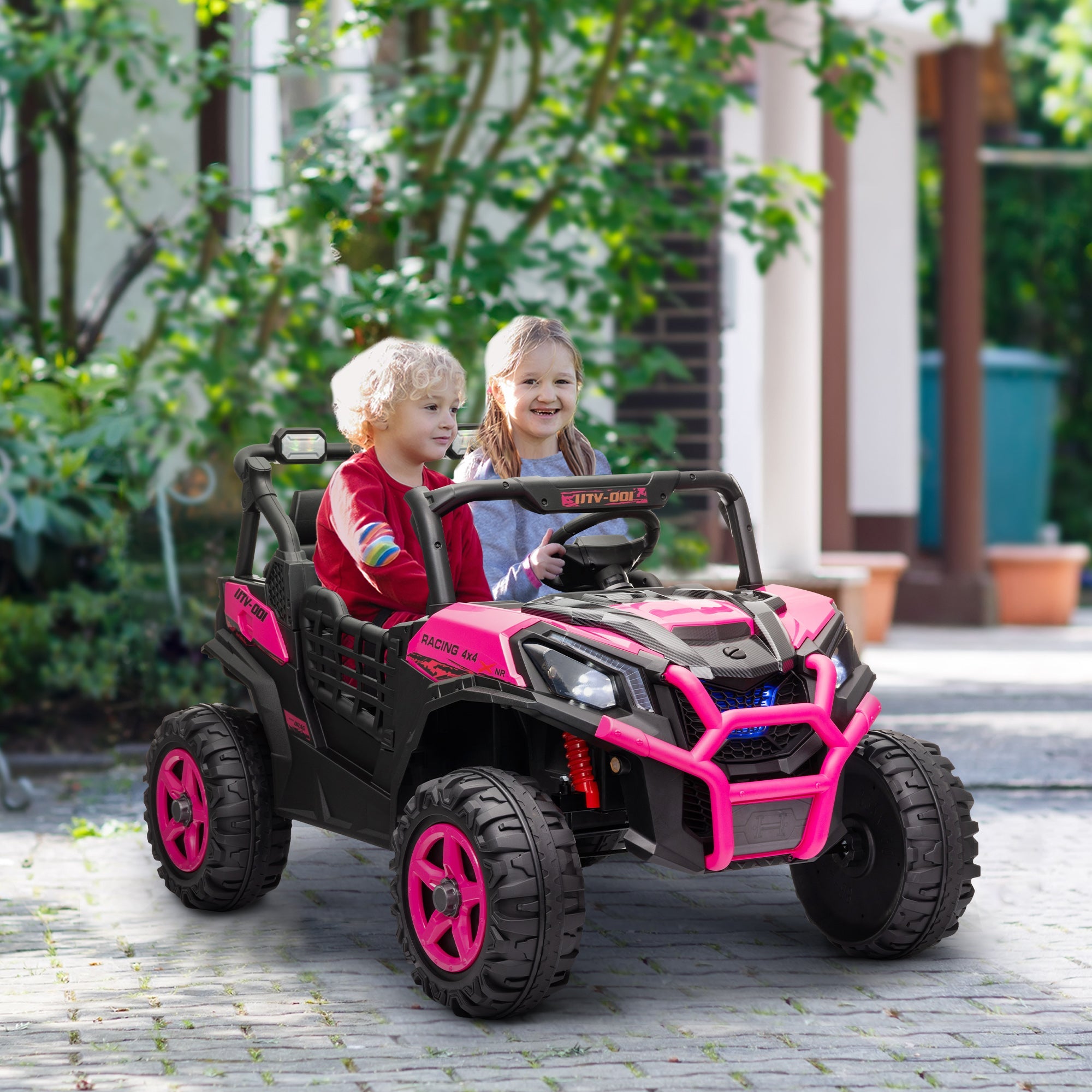 Qaba 2 Seater 24V Electric Car for Kids w/ Remote Control, 3 Speed, LED Lights, Music, Horn, Spring Suspension, Pink 