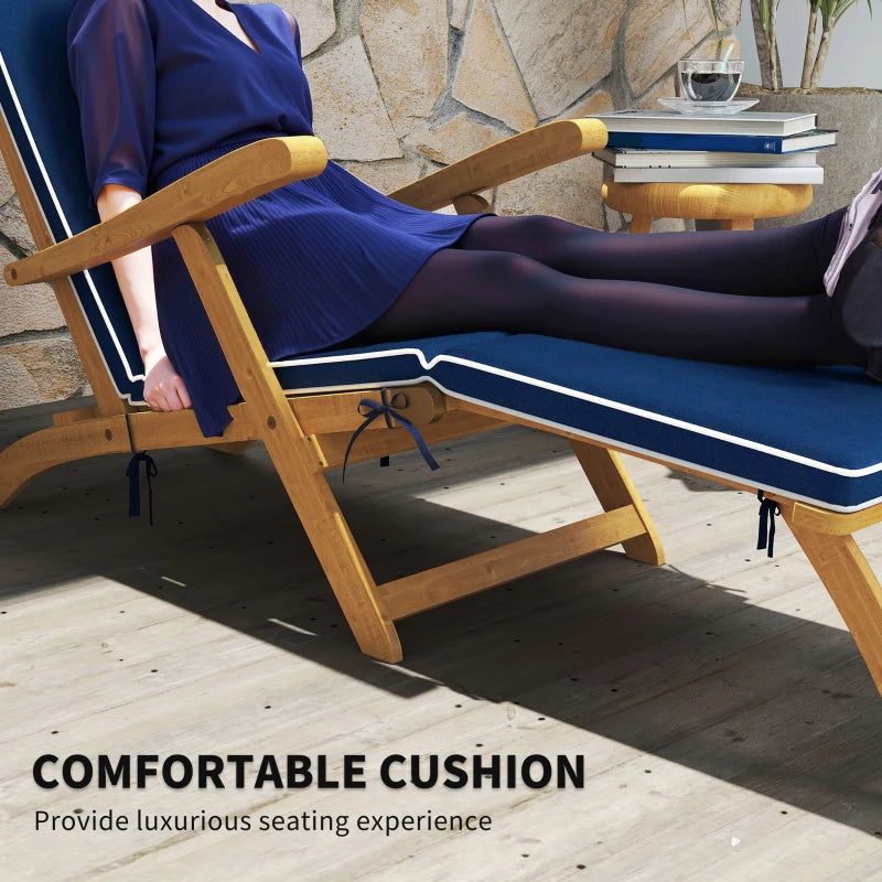Folding Patio Lounge Chair with Padded Cushion, Acacia Wood Patio Lounger Recliner with Footrest for Garden, Navy Blue