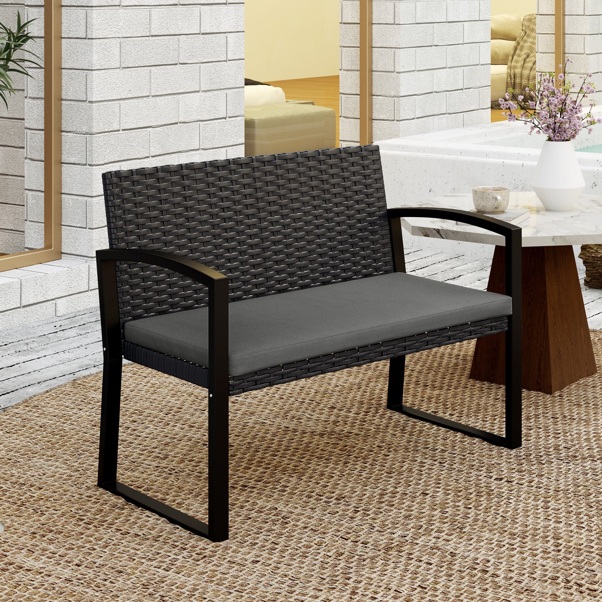 Outsunny 2 Seater Outdoor Bench, Rattan Garden Bench Loveseat with Cushion, Armrests, Steel Frame for Patio, Porch, Light Grey 