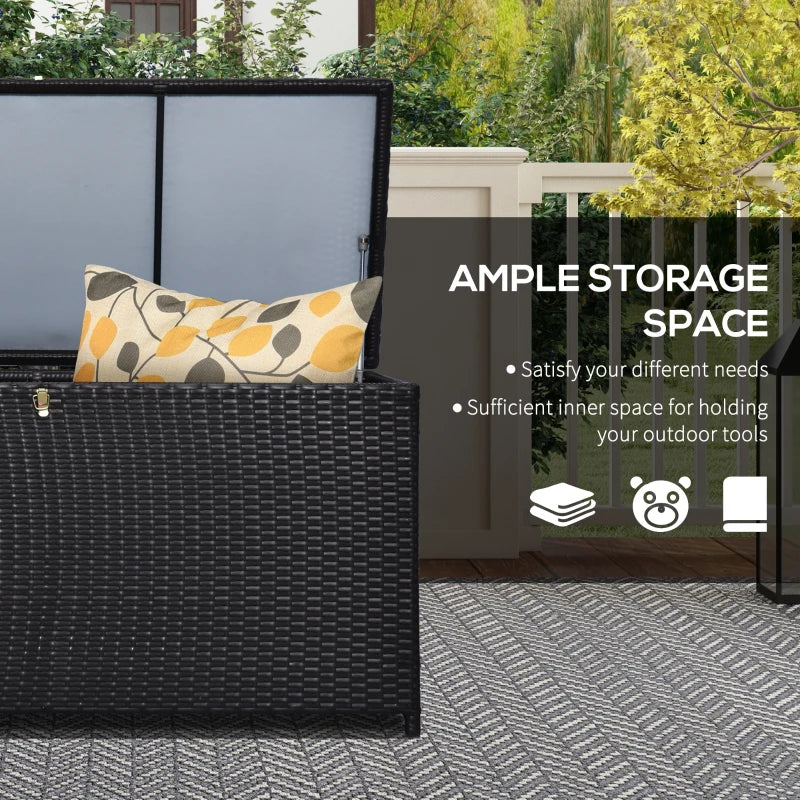 Wicker Outdoor Storage Box, 75 Gallon Deck Box with Gas Strut and Clamp Lid, Rattan Patio Storage Container for Gardening Tools, Pool Supplies, Dark Brown