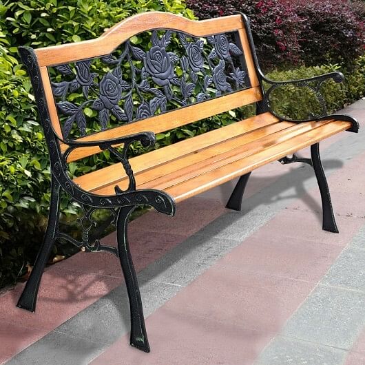 Garden Bench Chair Outdoor Wooden Loveseat with Iron Armrest - Free Shipping 