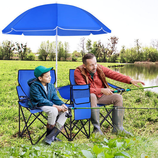 Portable Folding Picnic Double Chair with Umbrella-Blue - Free Shipping