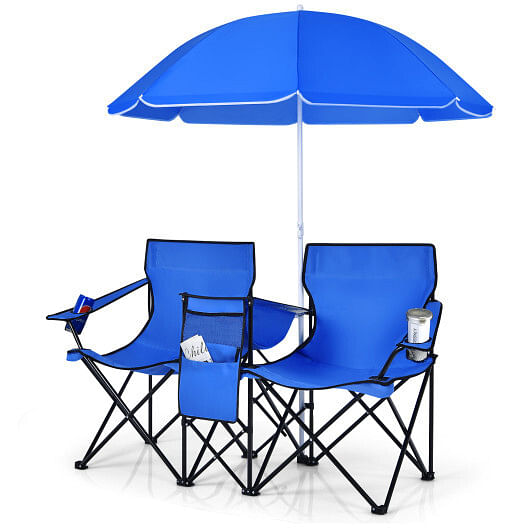 Portable Folding Picnic Double Chair with Umbrella-Blue - Free Shipping