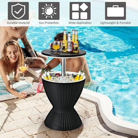 3 in 1 8 Gallon Patio Rattan Cooler Bar Table with Adjust Ice Bucket-Brown - Free Shipping 
