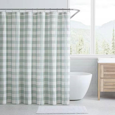 72-inch 100-Percent Cotton Fabric Shower Curtain with Green White Plaid Pattern - Free Shipping 