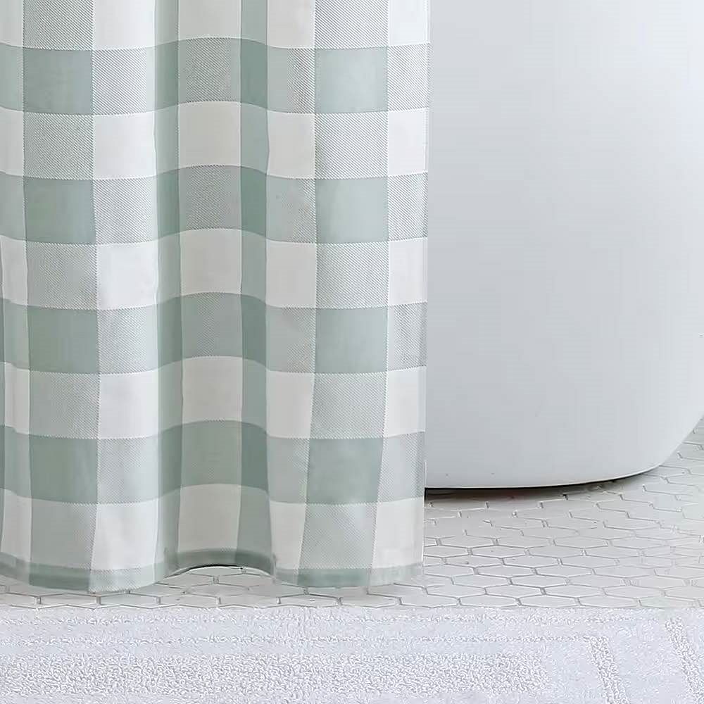 72-inch 100-Percent Cotton Fabric Shower Curtain with Green White Plaid Pattern - Free Shipping