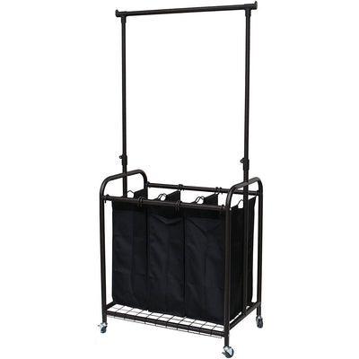 Bronze Black 3-Bag Laundry Sorter Hamper with Adjustable Clothes Hanging Bar - Free Shipping 