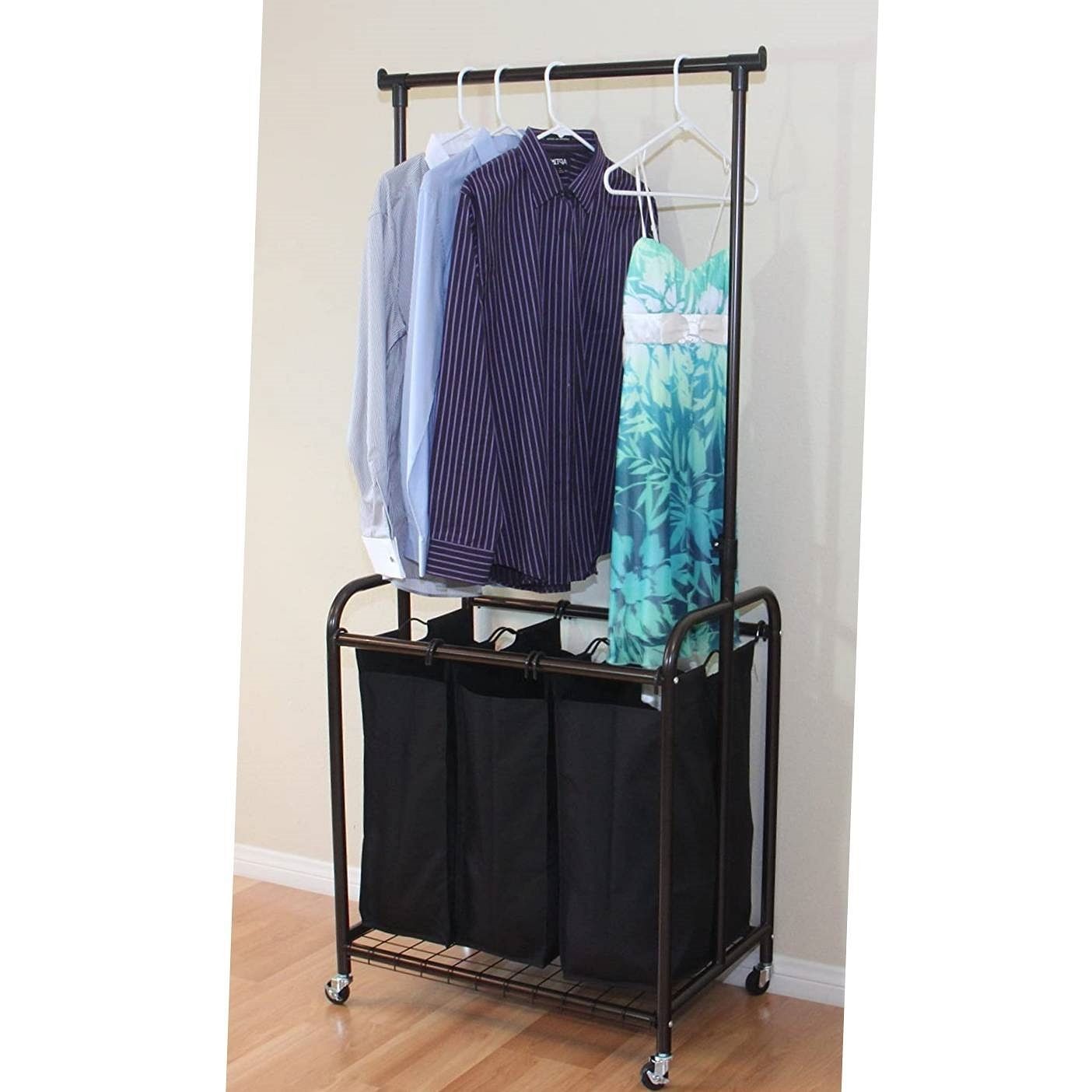 Bronze Black 3-Bag Laundry Sorter Hamper with Adjustable Clothes Hanging Bar - Free Shipping