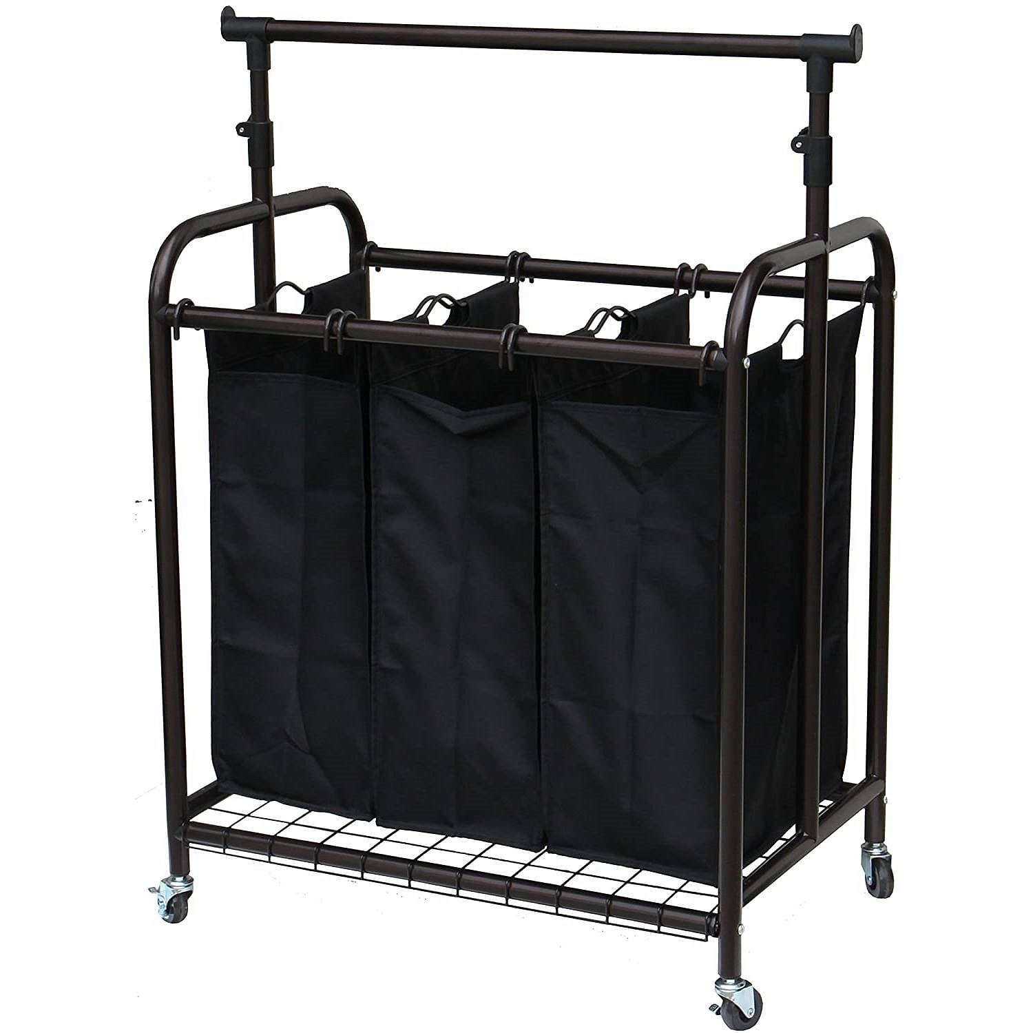 Bronze Black 3-Bag Laundry Sorter Hamper with Adjustable Clothes Hanging Bar - Free Shipping