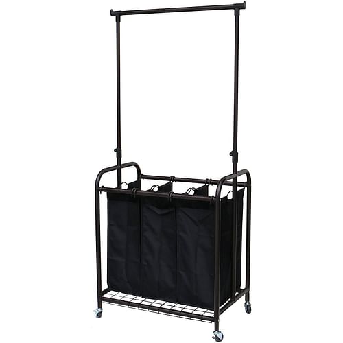 Bronze Black 3-Bag Laundry Sorter Hamper with Adjustable Clothes Hanging Bar - Free Shipping