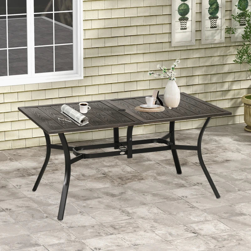 Steel Frame 59 Inch Outdoor Dining Table for Six with Parasol Hole, Wood Grain Tabletop, for Backyard, Garden, Brown